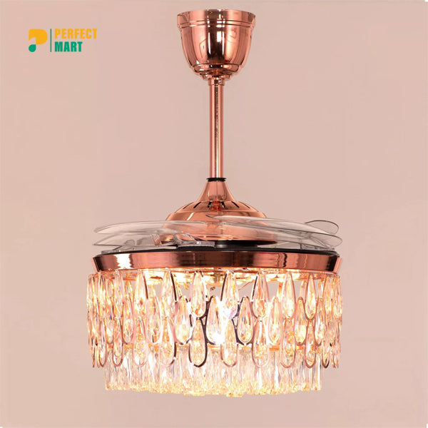 Breezelux 48" Crystal Retractable Luxury Decorative Silent Underlight Invisible Blade Chandelier with Remote Ceiling Fan (Golden) BL-2863