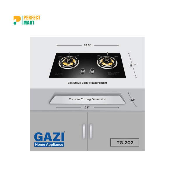 Gazi TG-202 Smiss Tempered Glass Double Burner LPG Gas Stove Auto Ignition