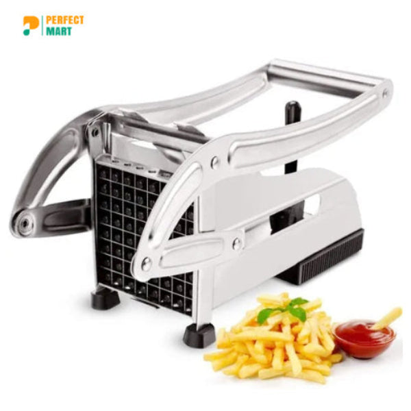 French fry cutter with sliced potatoes and ketchup on a white background, branded 'Perfect Mart'.