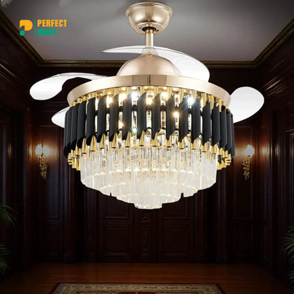 Qulik 48 Crystal Chandelier Retractable Invisible Blade Silent 3 Color Change LED Remote Ceiling Fan (Golden) Q-T7456