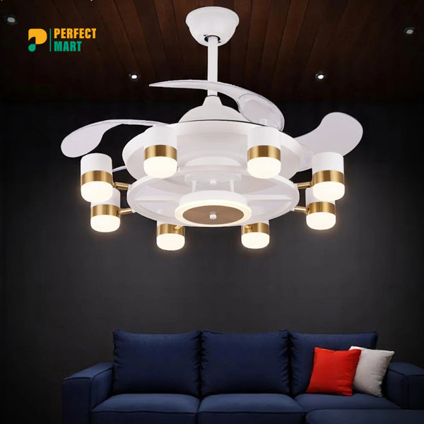 Qulik 48 Modern Chandelier Retractable Invisible Blade Silent 3 Color Change LED Remote Ceiling Fan (White) Q-K6503-WH