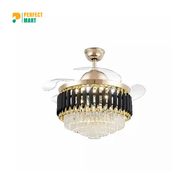 Qulik 48 Crystal Chandelier Retractable Invisible Blade Silent 3 Color Change LED Remote Ceiling Fan (Golden) Q-T7456