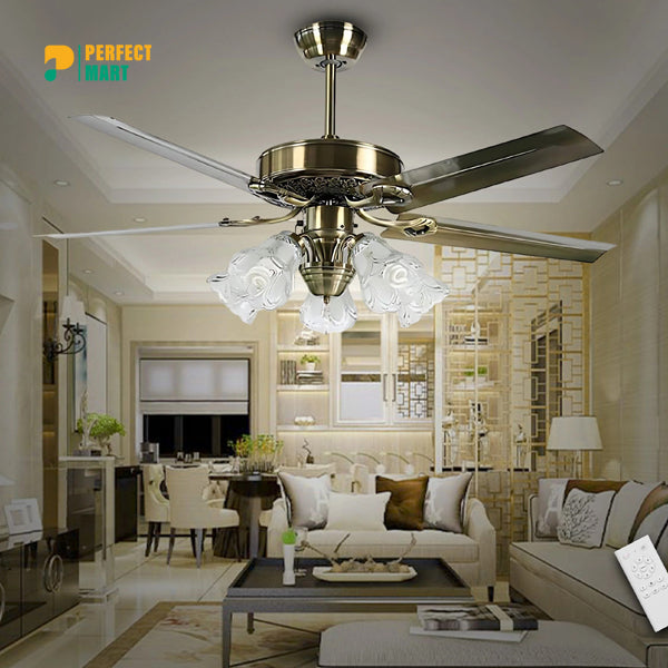 Qulik Luxoria UL 52 Glass Flower Lampshade Copper Motor Remote Control Under-light Ceiling Fan Fan Q-8118-AB