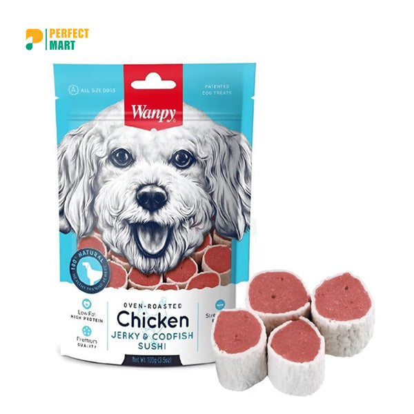 Wanpy Dog Treat Oven Roasted Chicken Jerky & Cod Fish Sushi 100g